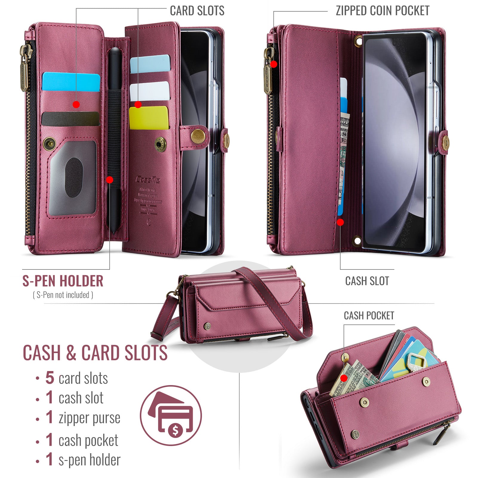 CASEME C36 Series For Samsung Galaxy Z Fold6 5G Leather Case with 5 Card Slots / Shoulder Strap - Wine Red CASEME C36 Series For Samsung Galaxy Z Fold6 5G Leather Case with 5 Card Slots / Shoulder Strap - Wine Red